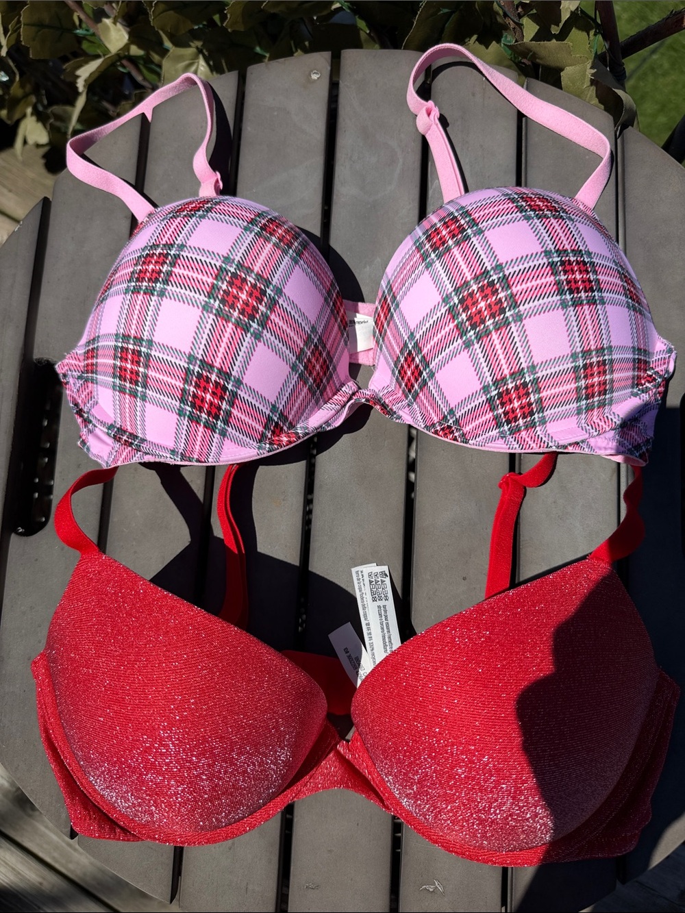 PINK Victoria's Secret Pink Plaid & Red Shimmer Bra Duo
